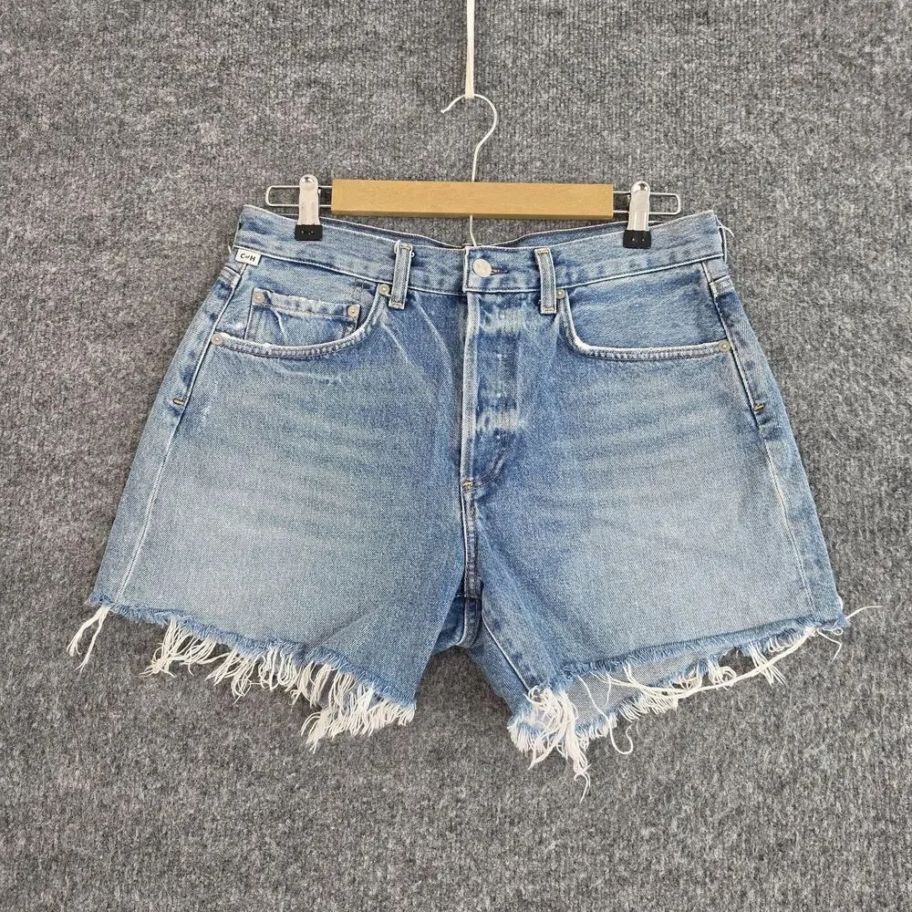 Citizens Of Humanity Shorts 28 Annabelle Long Denim Cut Off Blue Raw Hem Relaxed